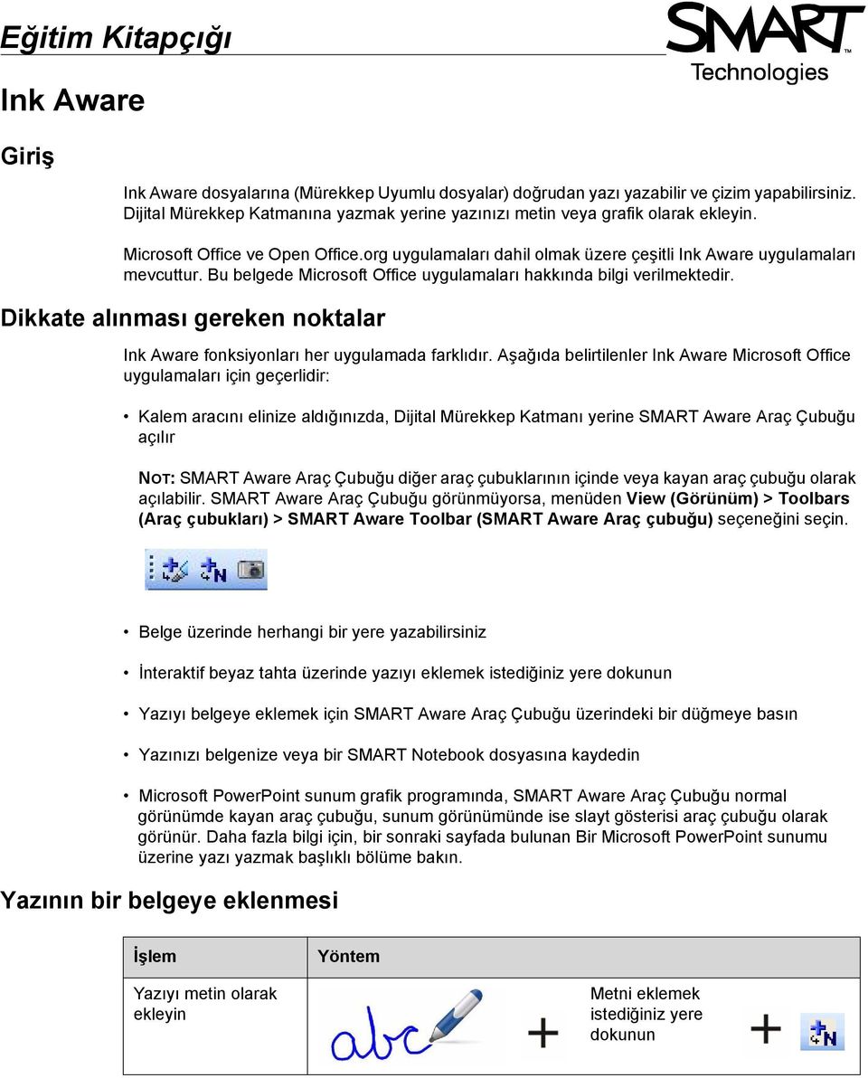 Bu belgede Microsoft Office uygulamaları hakkında bilgi verilmektedir. Dikkate alınması gereken noktalar Ink Aware fonksiyonları her uygulamada farklıdır.