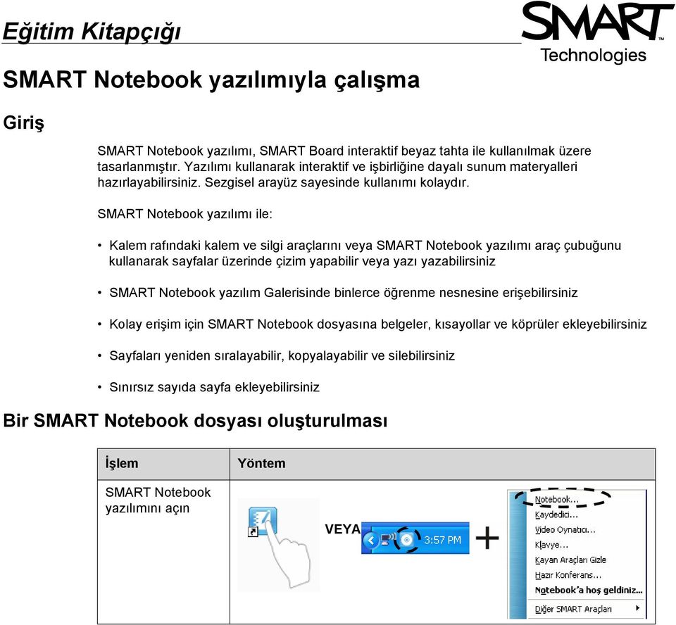 SMART Notebook yazılımı ile: Kalem rafındaki kalem ve silgi araçlarını veya SMART Notebook yazılımı araç çubuğunu kullanarak sayfalar üzerinde çizim yapabilir veya yazı yazabilirsiniz SMART Notebook