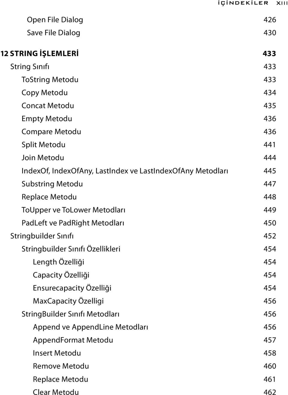 Metodları 449 PadLeft ve PadRight Metodları 450 Stringbuilder Sınıfı 452 Stringbuilder Sınıfı Özellikleri 454 Length Özelliği 454 Capacity Özelliği 454 Ensurecapacity Özelliği