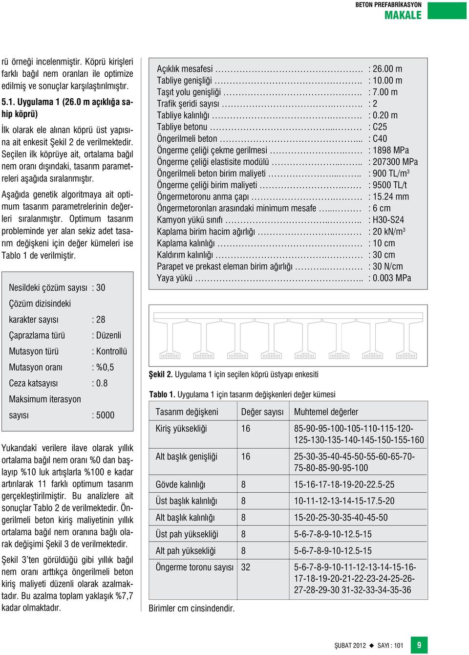 Seçilen ilk köprüye ait, ortalama bağıl nem oranı dışındaki, tasarım parametreleri aşağıda sıralanmıştır. Aşağıda genetik algoritmaya ait optimum tasarım parametrelerinin değerleri sıralanmıştır.