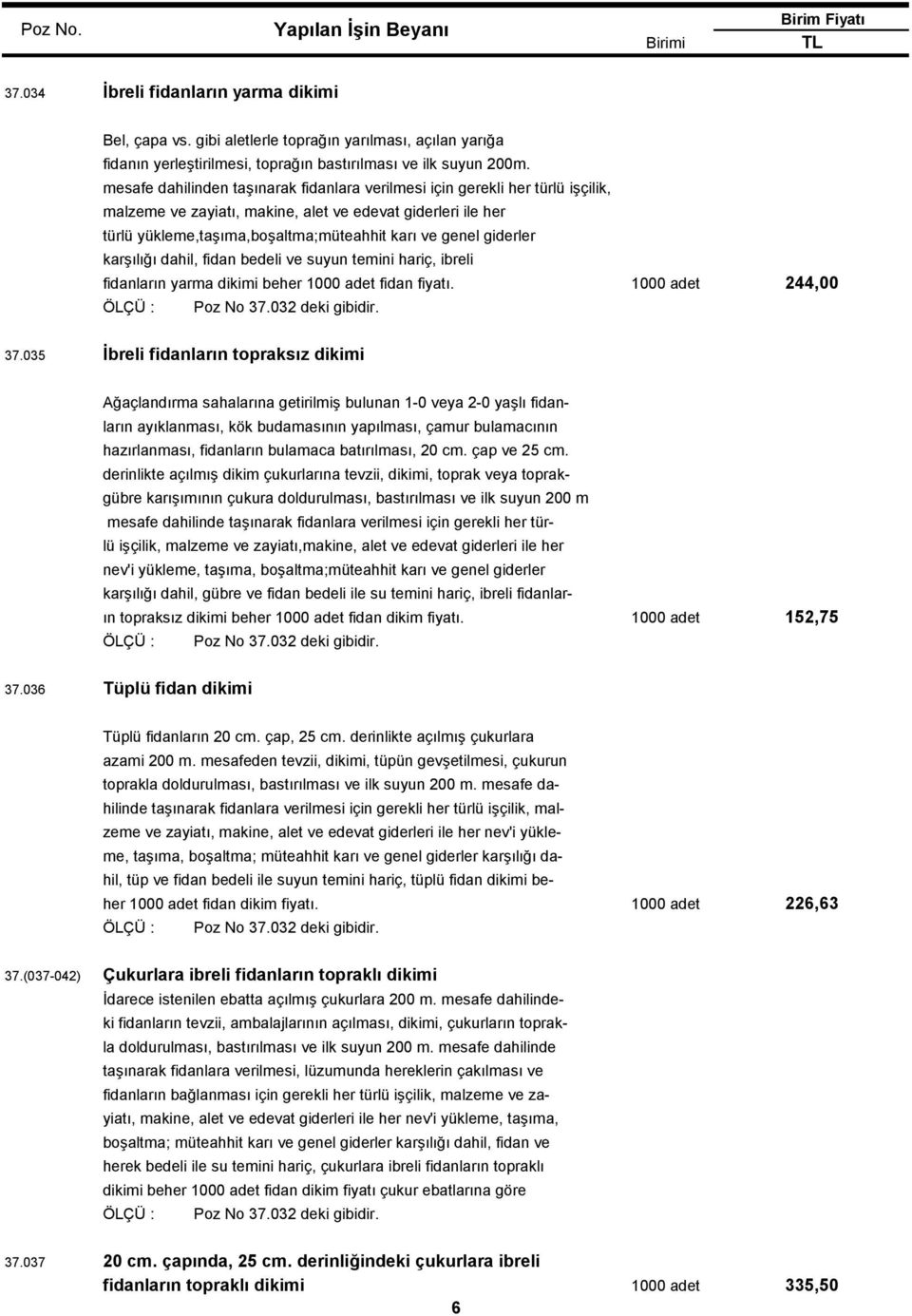 giderler karşılığı dahil, fidan bedeli ve suyun temini hariç, ibreli fidanların yarma dikimi beher fidan fiyatı. ÖLÇÜ : Poz No 37.032 deki gibidir. 244,00 37.