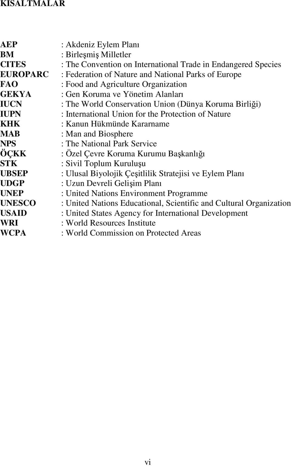 International Union for the Protection of Nature : Kanun Hükmünde Kararname : Man and Biosphere : The National Park Service : Özel Çevre Koruma Kurumu Başkanlığı : Sivil Toplum Kuruluşu : Ulusal