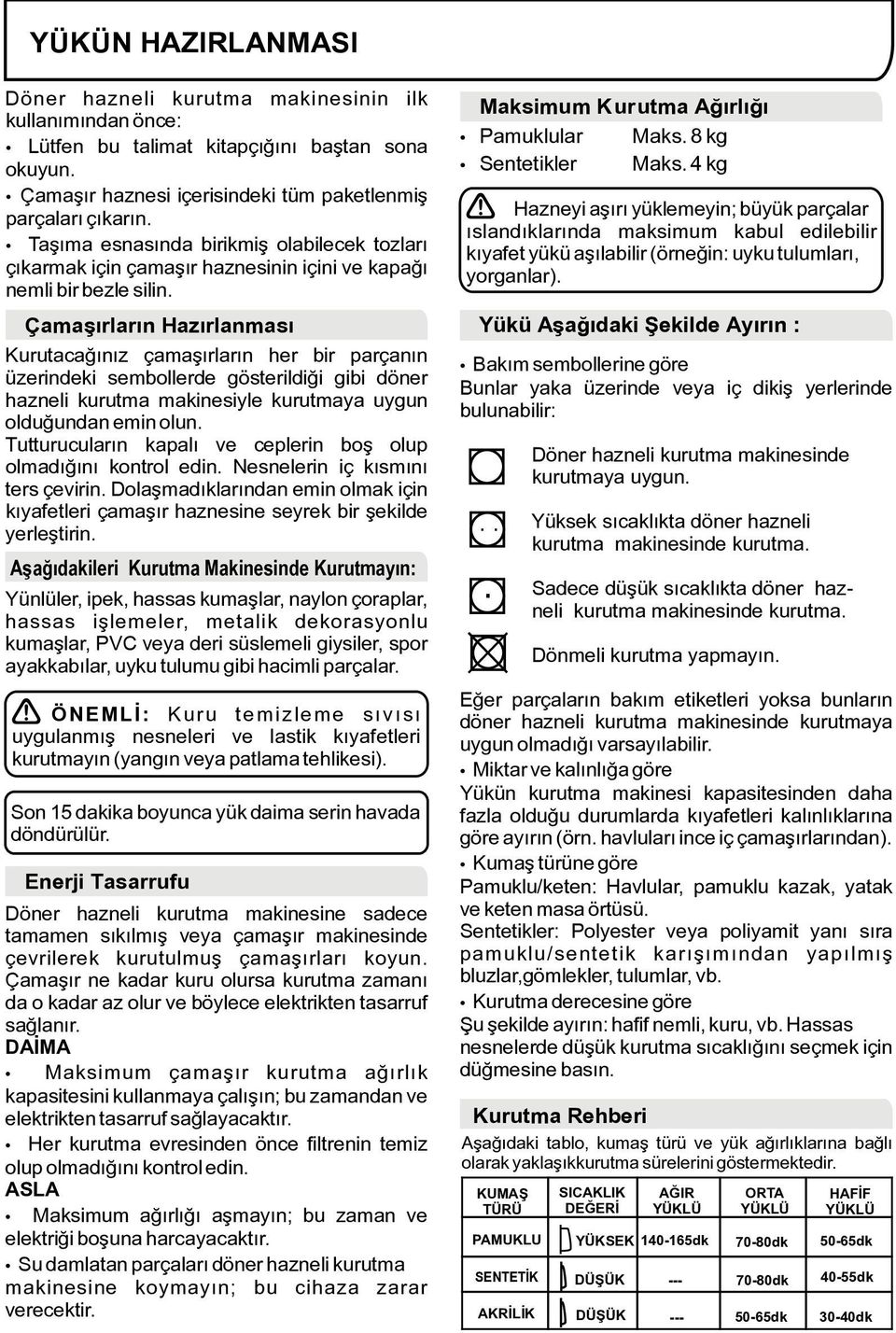 Çamaşırların Hazırlanması Kurutacağınız çamaşırların her bir parçanın üzerindeki sembollerde gösterildiği gibi döner hazneli kurutma makinesiyle kurutmaya uygun olduğundan emin olun.