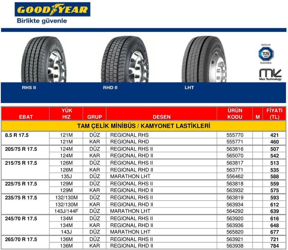 5 126M DÜZ REGIONAL RHS II 563817 513 126M KAR REGIONAL RHD II 563771 535 135J DÜZ MARATHON LHT 556462 588 225/75 R 17.