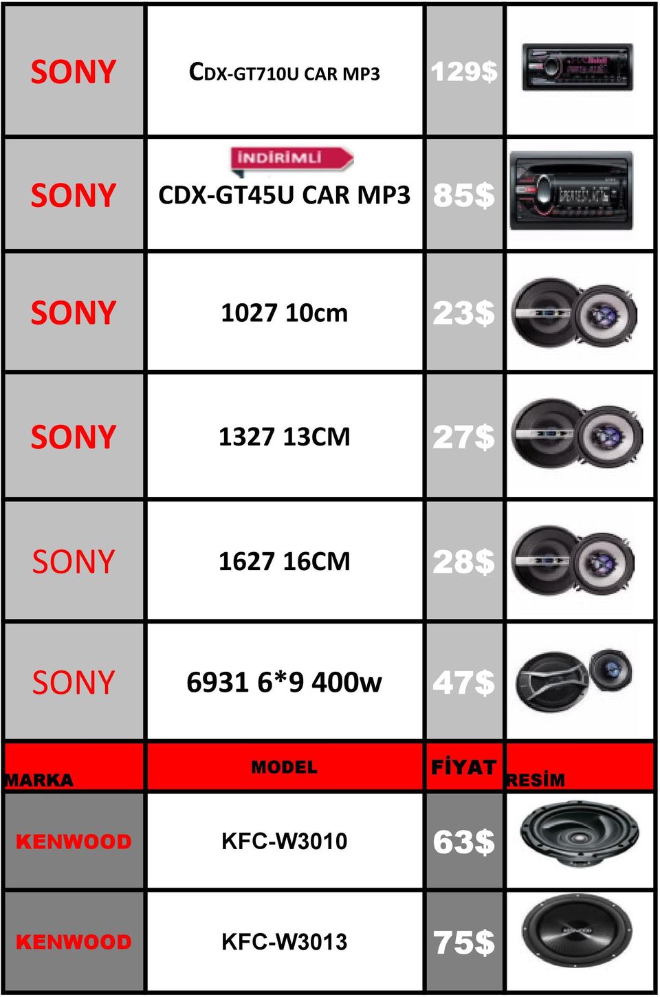 1627 16CM 28$ SONY 6931 6*9 400w 47$ MARKA MODEL