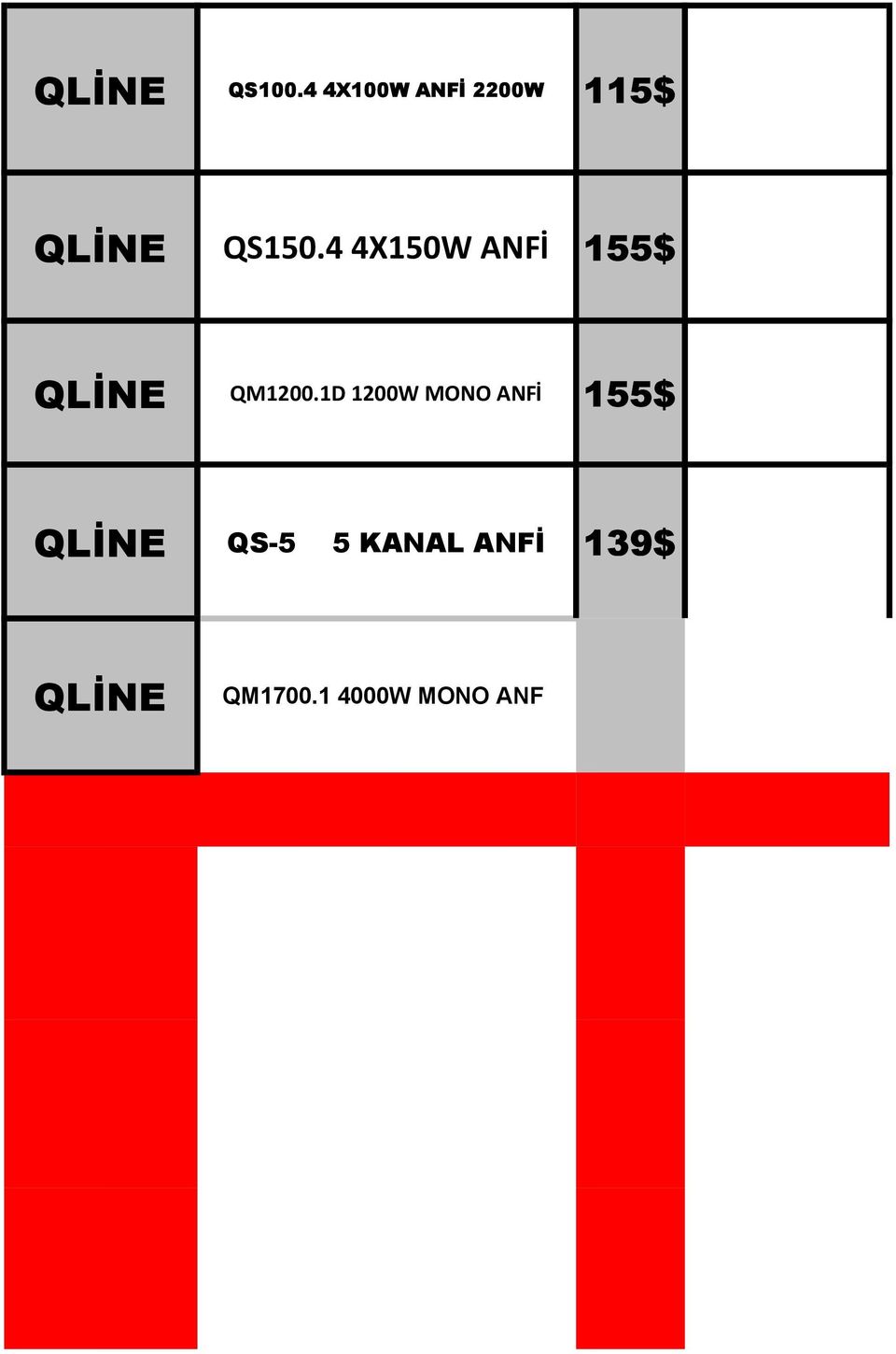 1D 1200W MONO ANFİ 155$ QLİNE QS-5 5 KANAL ANFİ 139$ QLİNE QM1700.