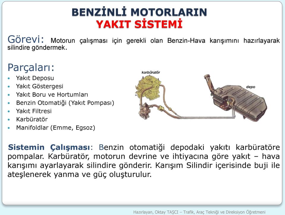 Manifoldlar (Emme, Egsoz) Sistemin ÇalıĢması: Benzin otomatiği depodaki yakıtı karbüratöre pompalar.