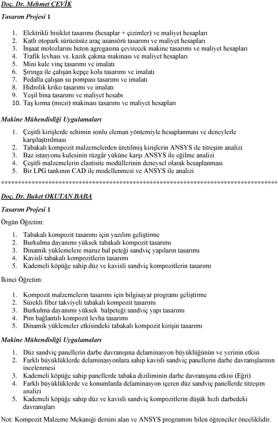 Şırınga ile çalışan kepçe kolu tasarımı ve imalatı 7. Pedalla çalışan su pompası tasarımı ve imalatı 8. Hidrolik kriko tasarımı ve imalatı 9. Yeşil bina tasarımı ve maliyet hesabı 10.