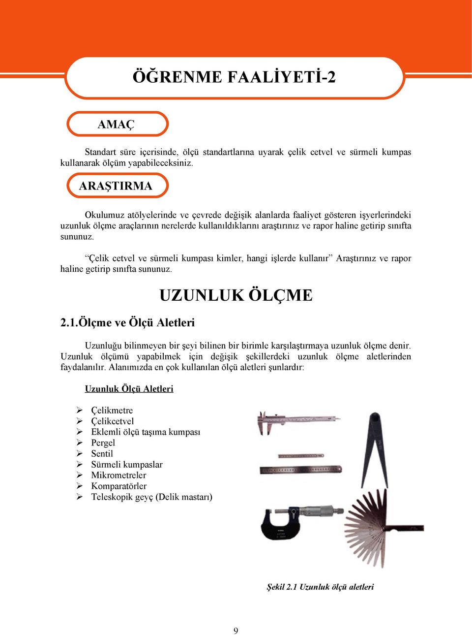 sınıfta sununuz. Çelik cetvel ve sürmeli kumpası kimler, hangi işlerde kullanır Araştırınız ve rapor haline getirip sınıfta sununuz. UZUNLUK ÖLÇME 2.1.