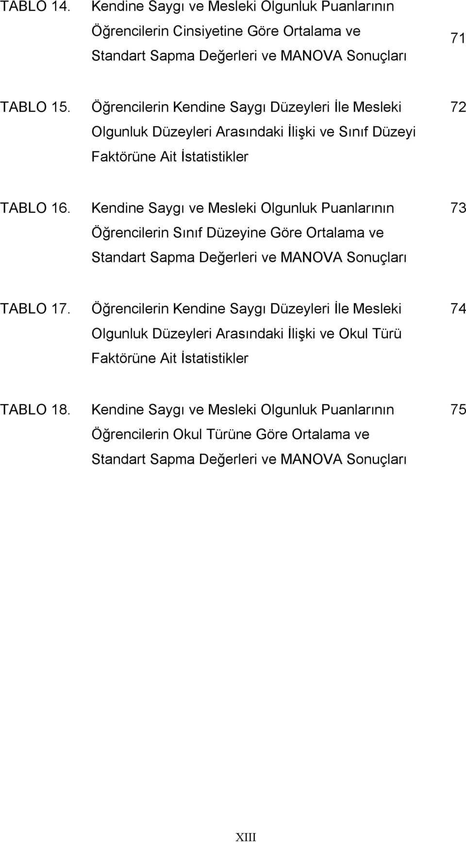 Kendine Saygı ve Mesleki Olgunluk Puanlarının Öğrencilerin Sınıf Düzeyine Göre Ortalama ve Standart Sapma Değerleri ve MANOVA Sonuçları 73 TABLO 17.