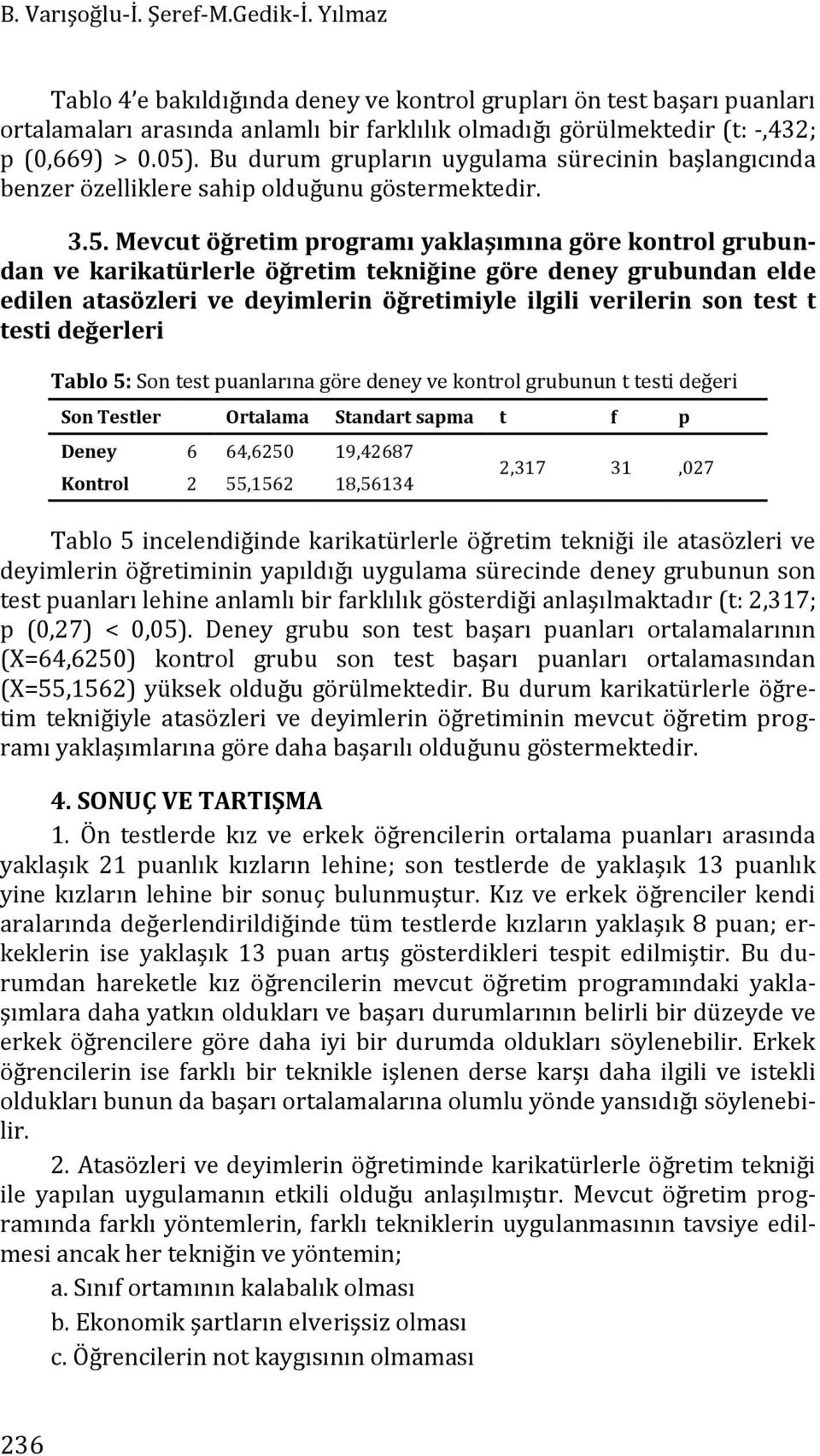 Bu durum grupların uygulama sürecinin başlangıcında benzer özelliklere sahip olduğunu göstermektedir. 3.5.