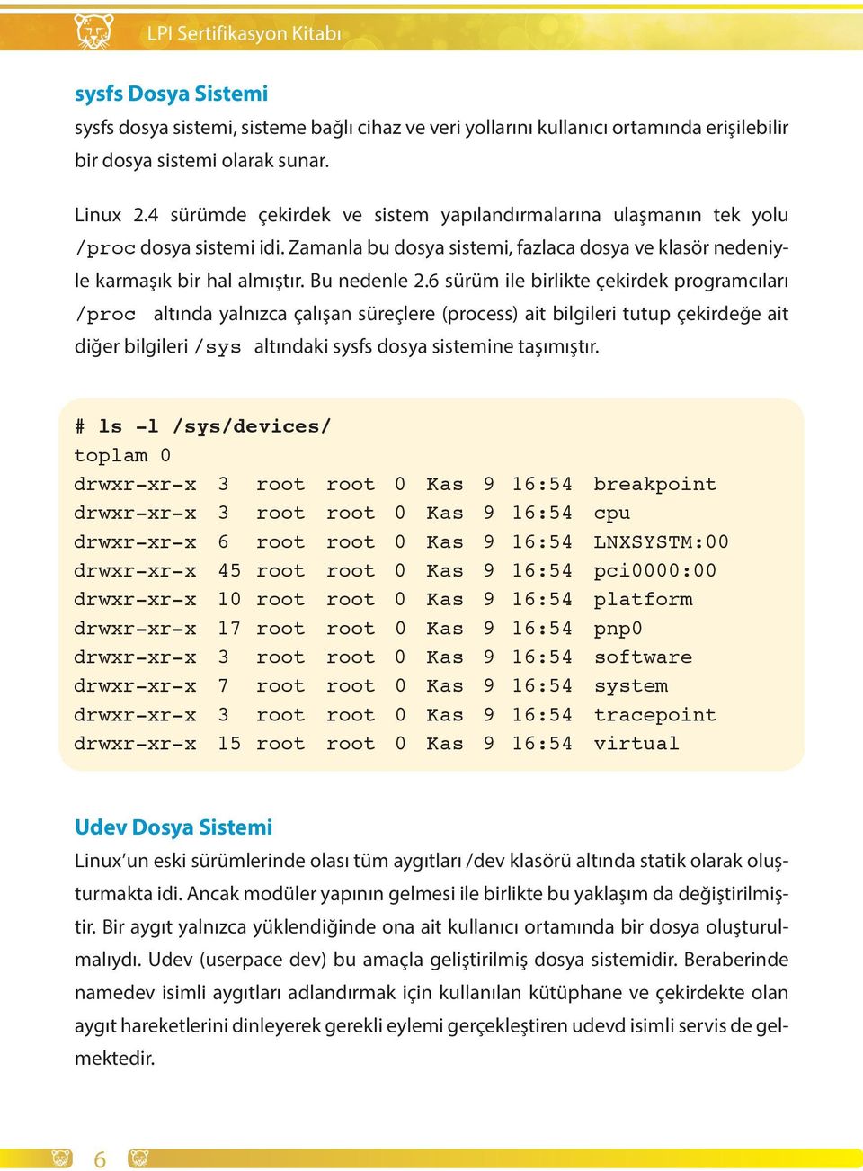 6 sürüm ile birlikte çekirdek programcıları /proc altında yalnızca çalışan süreçlere (process) ait bilgileri tutup çekirdeğe ait diğer bilgileri /sys altındaki sysfs dosya sistemine taşımıştır.