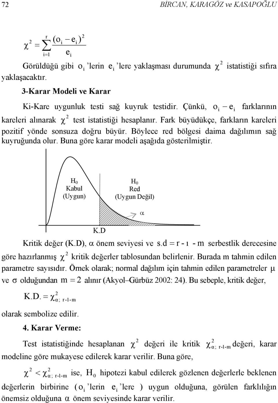 Buna göre karar model aşağıda gösterlmştr. H Kabul (Uygun) H Red (Uygun Değl) K.D Krtk değer (K.D), α önem sevyes ve s.