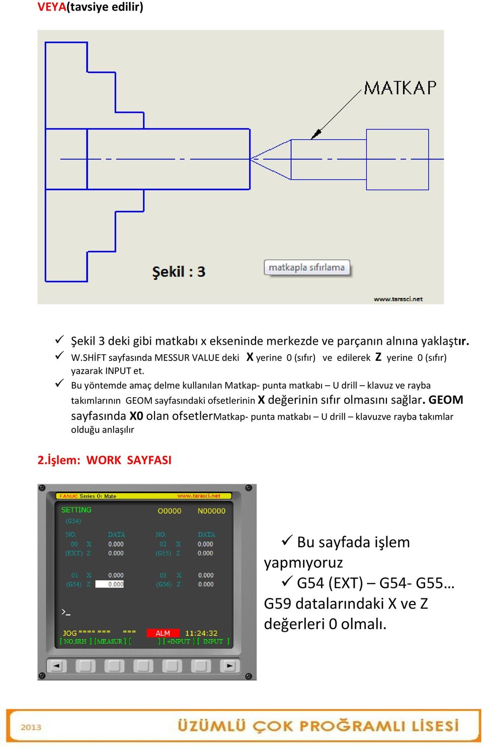 Bu yöntemde amaç delme kullanılan Matkap- punta matkabı U drill klavuz ve rayba takımlarının GEOM sayfasındaki ofsetlerinin X değerinin sıfır