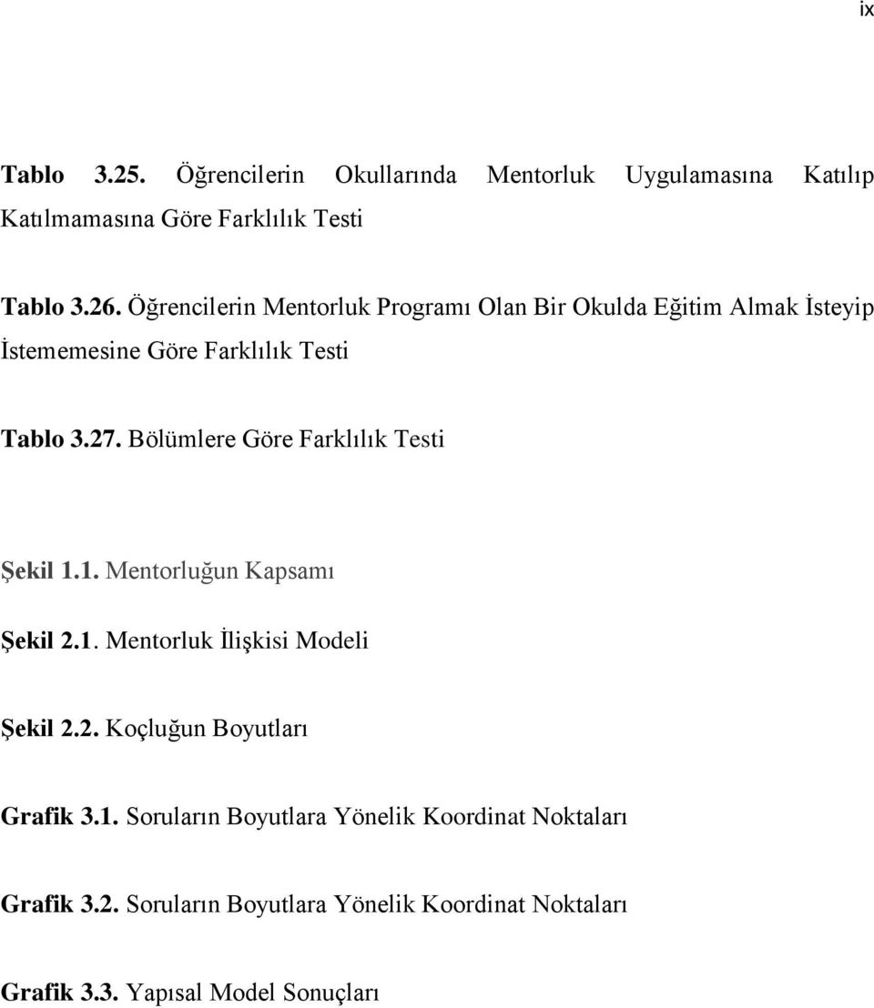 Bölümlere Göre Farklılık Testi Şekil 1.1. Mentorluğun Kapsamı Şekil 2.1. Mentorluk İlişkisi Modeli Şekil 2.2. Koçluğun Boyutları Grafik 3.