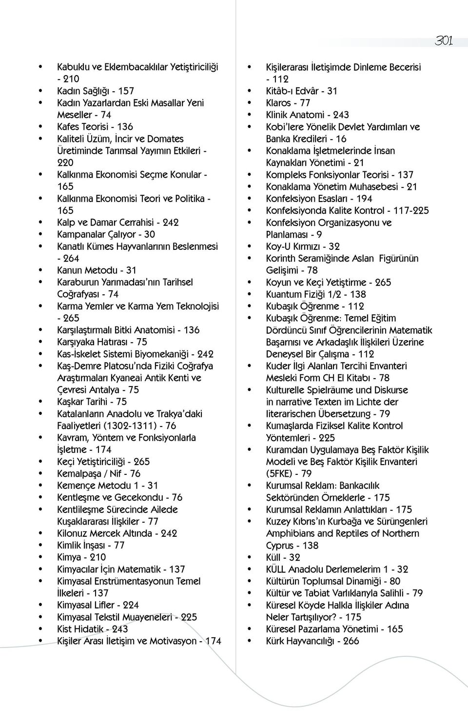 264 Kanun Metodu - 31 Karaburun Yarımadası nın Tarihsel Coğrafyası - 74 Karma Yemler ve Karma Yem Teknolojisi - 265 Karşılaştırmalı Bitki Anatomisi - 136 Karşıyaka Hatırası - 75 Kas-İskelet Sistemi