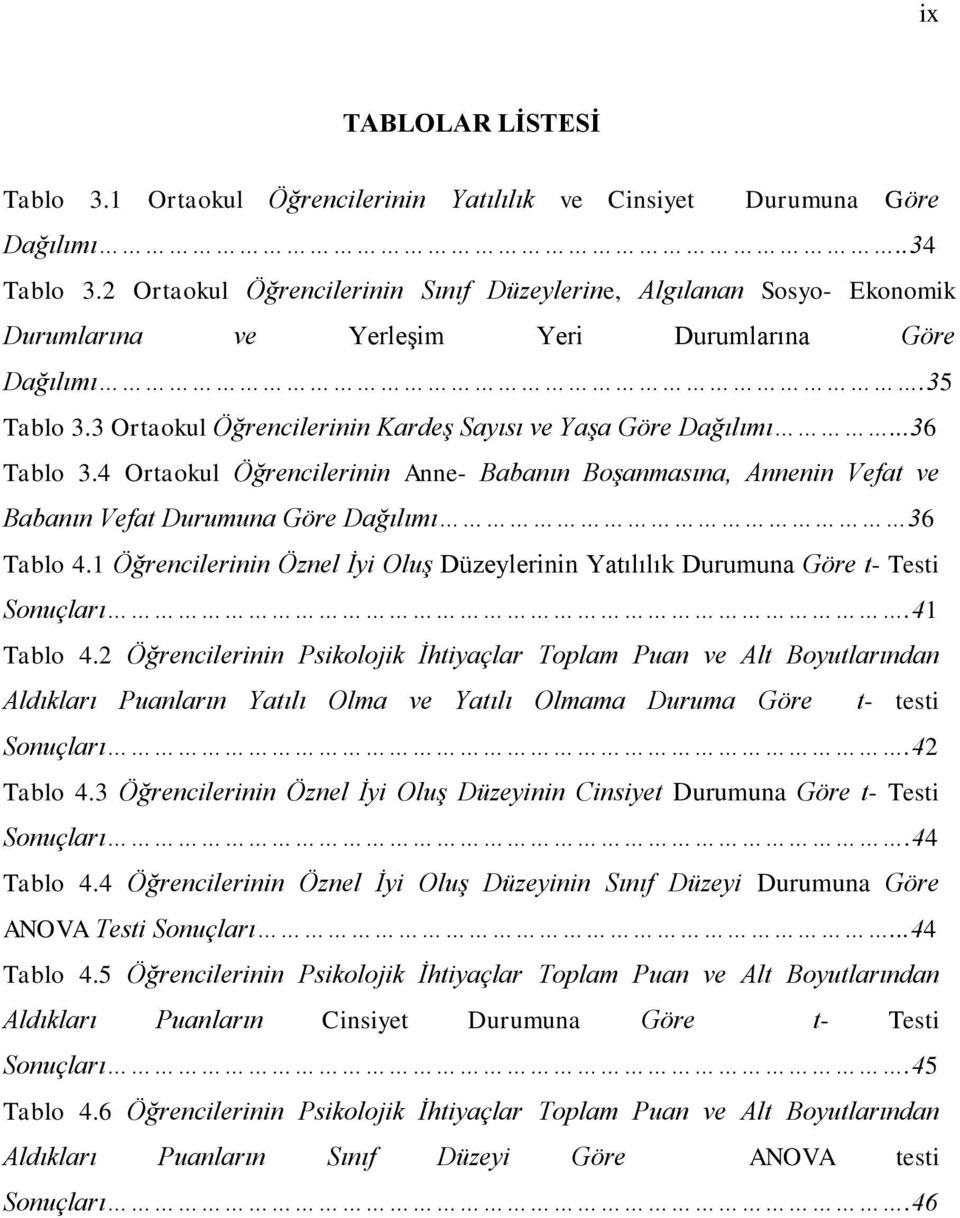 ..36 Tablo 3.4 Ortaokul Öğrencilerinin Anne- Babanın Boşanmasına, Annenin Vefat ve Babanın Vefat Durumuna Göre Dağılımı 36 Tablo 4.