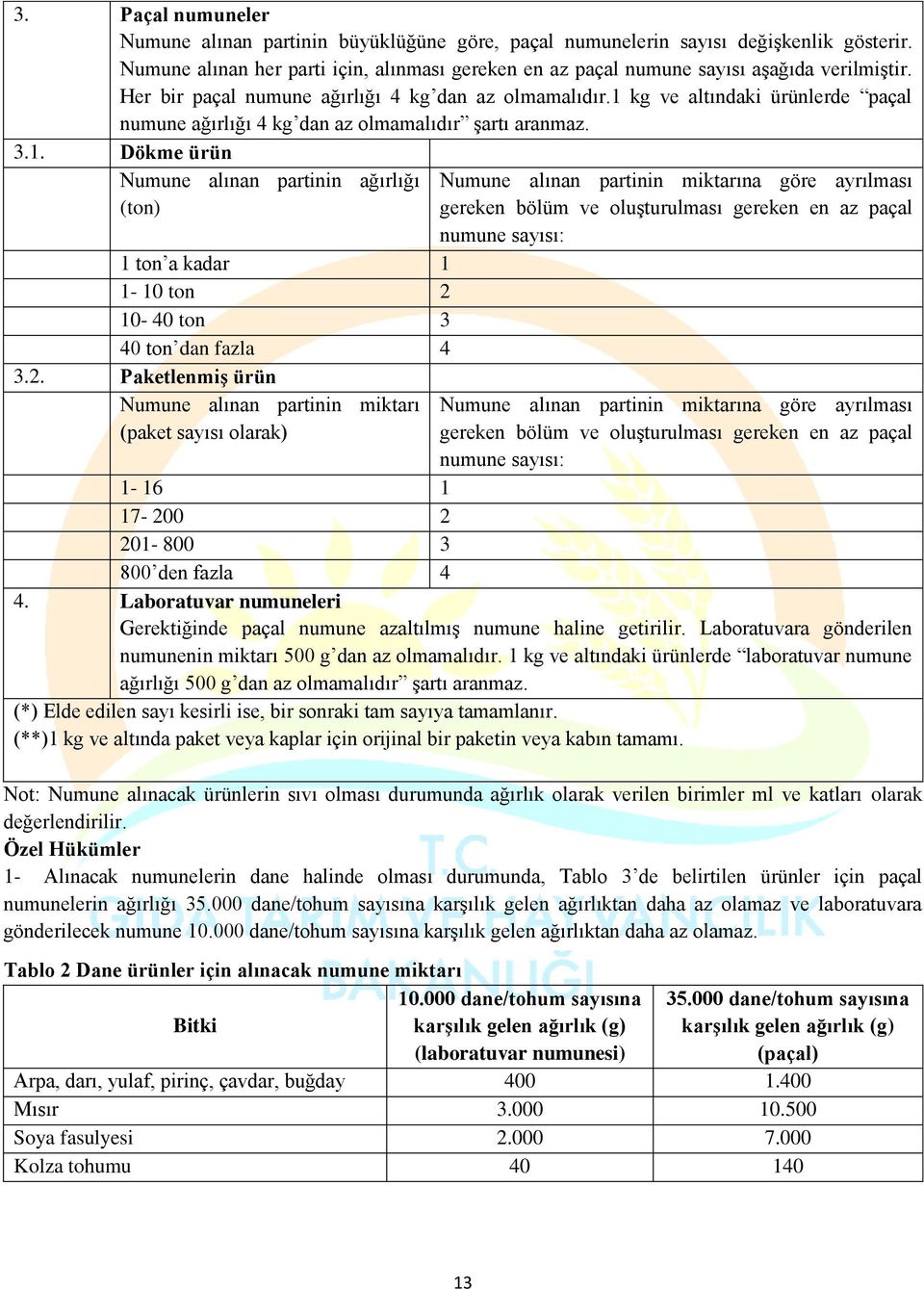 2. Paketlenmiş ürün Numune alınan partinin miktarı (paket sayısı olarak) Numune alınan partinin miktarına göre ayrılması gereken bölüm ve oluşturulması gereken en az paçal numune sayısı: Numune