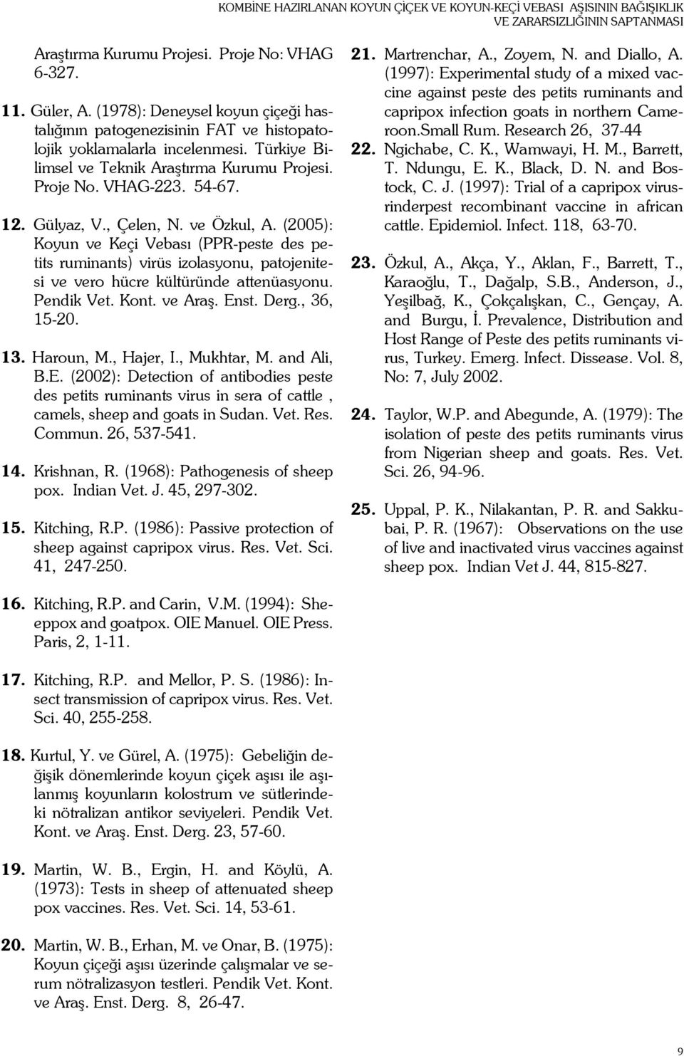 Gülyaz, V., Çelen, N. ve Özkul, A. (2005): Koyun ve Keçi Vebası (PPR-peste des petits ruminants) virüs izolasyonu, patojenitesi ve vero hücre kültüründe attenüasyonu. Pendik Vet. Kont. ve Araş. Enst.