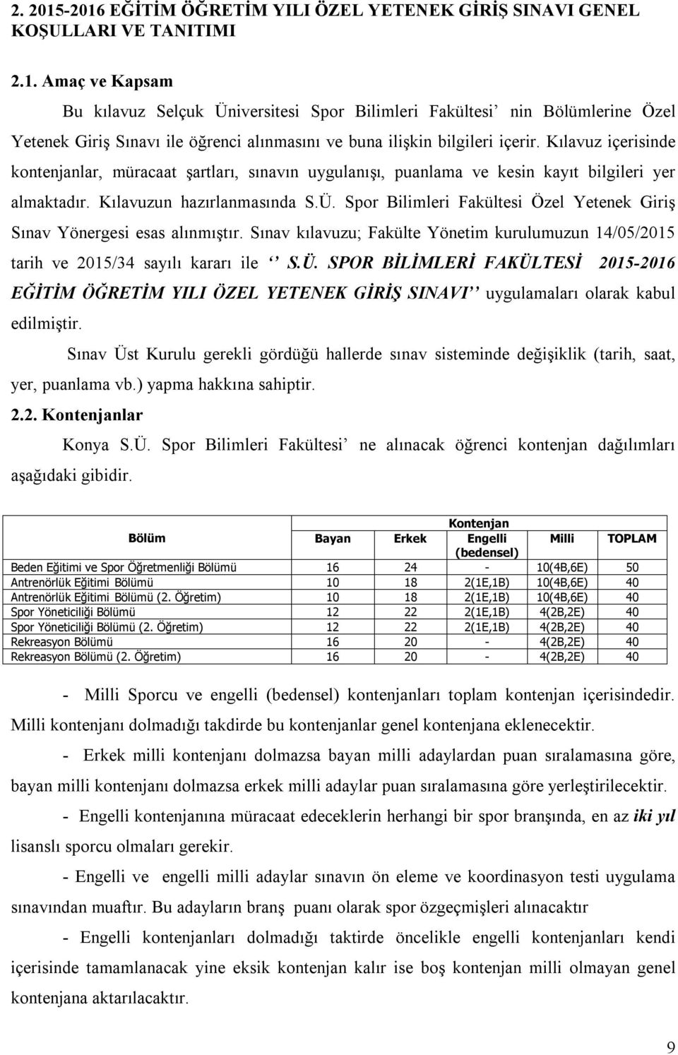 Spor Bilimleri Fakültesi Özel Yetenek Giriş Sınav Yönergesi esas alınmıştır. Sınav kılavuzu; Fakülte Yönetim kurulumuzun 14/05/2015 tarih ve 2015/34 sayılı kararı ile S.Ü.