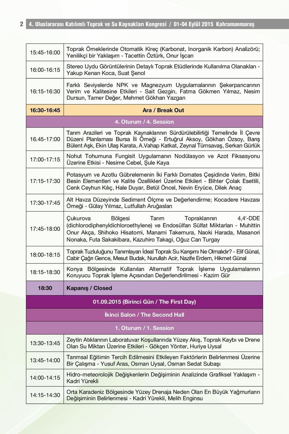 Magnezyum Uygulamalarının Şekerpancarının Verim ve Kalitesine Etkileri - Sait Gezgin, Fatma Gökmen Yılmaz, Nesim Dursun, Tamer Değer, Mehmet Gökhan Yazgan 16:30-16:45 Ara / Break Out 4. Oturum / 4.