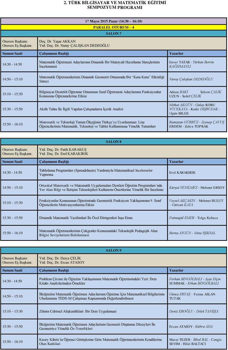 Nuray ÇALIŞKAN DEDEOĞLU 14:30-14:50 Matematik Öğretmeni Adaylarının Dinamik Bir Materyali Hazırlama Süreçlerinin İncelenmesi Enver TATAR - Türkan Berrin KAĞIZMANLI Matematik Öğretmenlerinin Dinamik