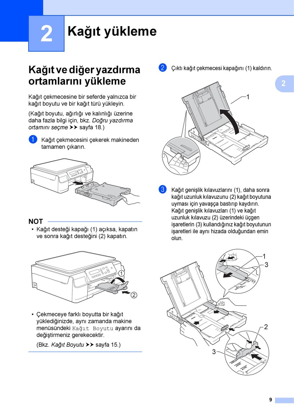 b Çıktı kağıt çekmecesi kapağını (1) kaldırın. 1 2 NOT Kağıt desteği kapağı (1) açıksa, kapatın ve sonra kağıt desteğini (2) kapatın.