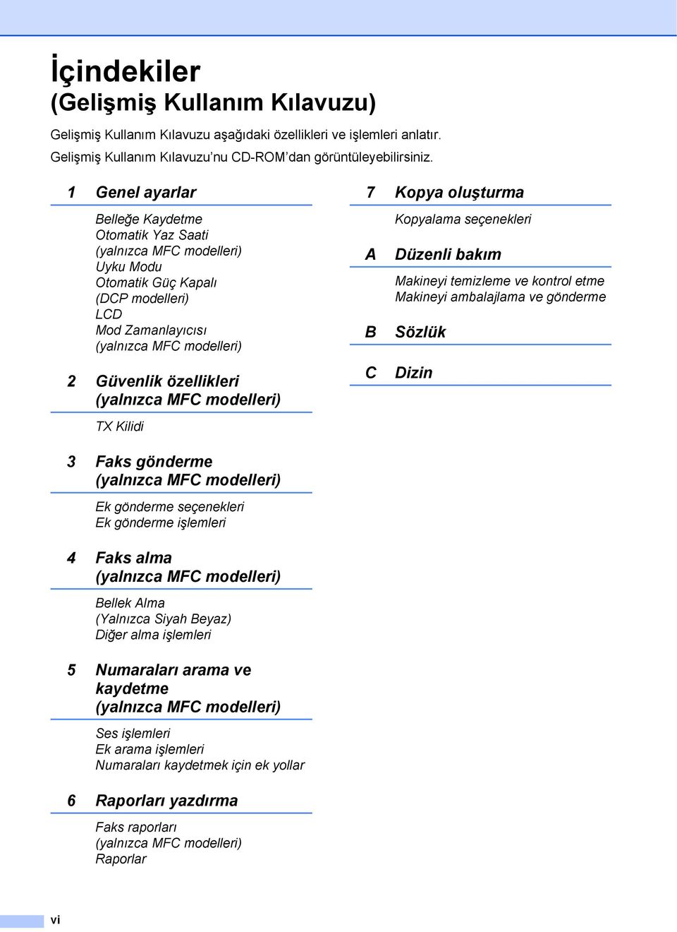 (yalnızca MFC modelleri) TX Kilidi 7 Kopya oluşturma A B C Kopyalama seçenekleri Düzenli bakım Makineyi temizleme ve kontrol etme Makineyi ambalajlama ve gönderme Sözlük Dizin 3 Faks gönderme
