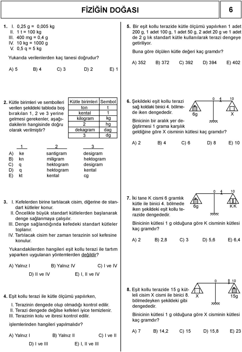 Buna göre ölçülen kütle değeri kaç gramdır? A) 352 B) 372 C) 392 D) 394 E) 402 2.