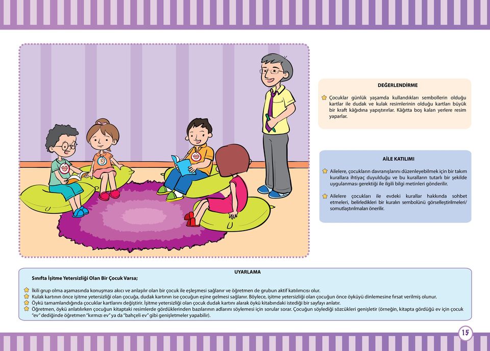 AİLE KATILIMI Ailelere, çocukların davranışlarını düzenleyebilmek için bir takım kurallara ihtiyaç duyulduğu ve bu kuralların tutarlı bir şekilde uygulanması gerektiği ile ilgili bilgi metinleri