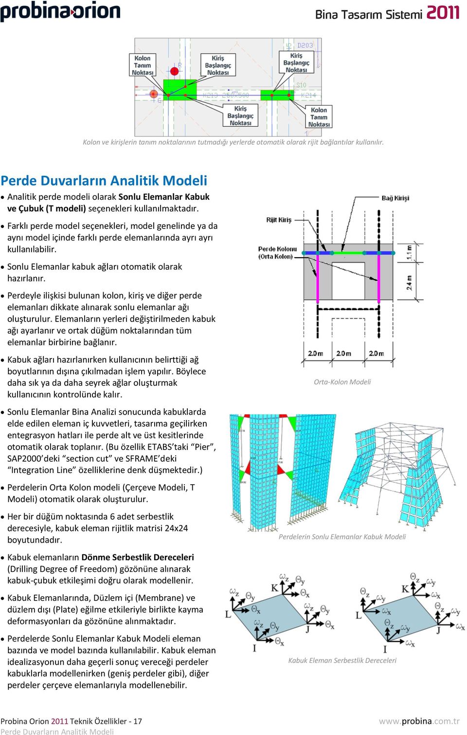 Farklı perde model seçenekleri, model genelinde ya da aynı model içinde farklı perde elemanlarında ayrı ayrı kullanılabilir. Sonlu Elemanlar kabuk ağları otomatik olarak hazırlanır.