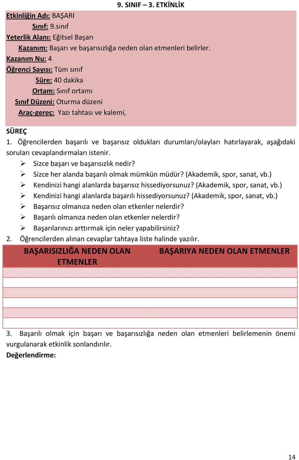 Öğrencilerden başarılı ve başarısız oldukları durumları/olayları hatırlayarak, aşağıdaki soruları cevaplandırmaları istenir. Sizce başarı ve başarısızlık nedir?