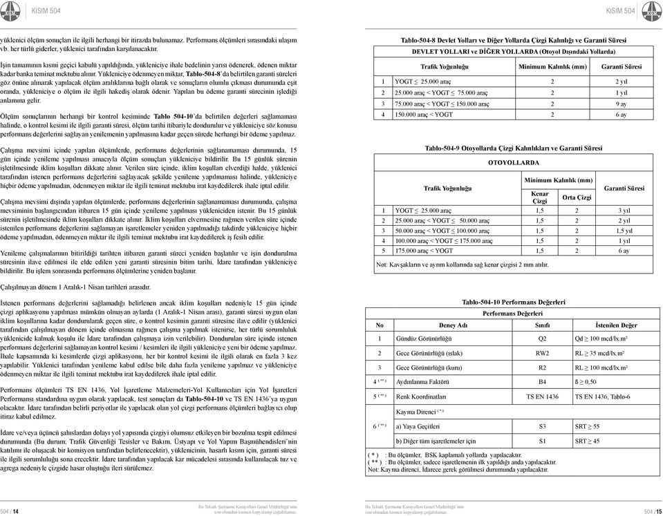 Yükleniciye ödenmeyen miktar, Tablo-504-8 da belirtilen garanti süreleri göz önüne alınarak yapılacak ölçüm aralıklarına bağlı olarak ve sonuçların olumlu çıkması durumunda eşit oranda, yükleniciye o