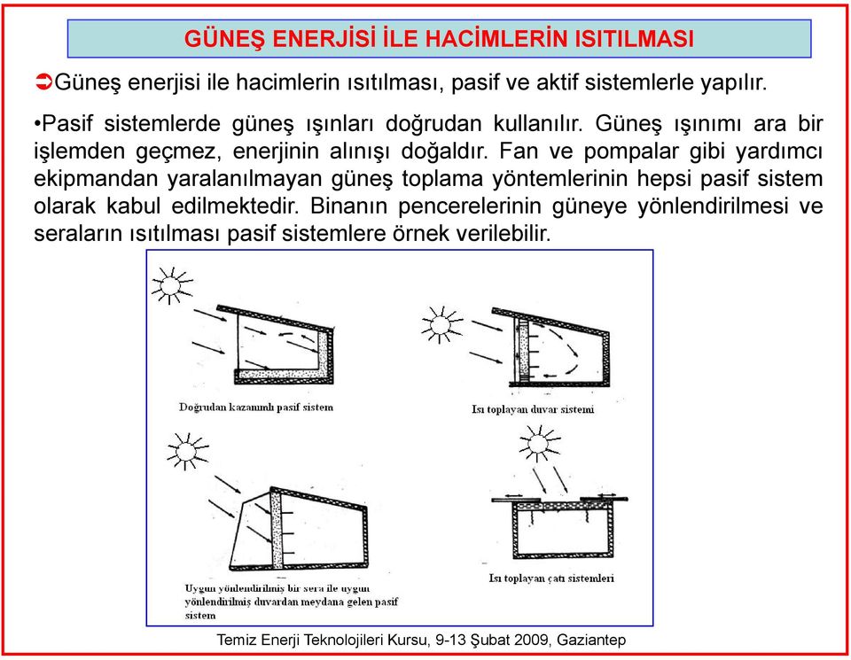 Fan ve pompalar gibi yardımcı ekipmandan yaralanılmayan güneş toplama yöntemlerinin hepsi pasif sistem olarak kabul