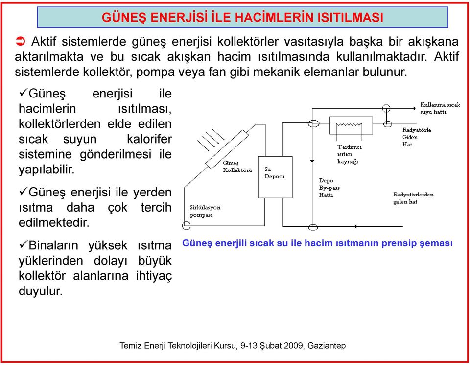 Güneş enerjisi ile hacimlerin ısıtılması, kollektörlerden elde edilen sıcak suyun kalorifer sistemine gönderilmesi ile yapılabilir.