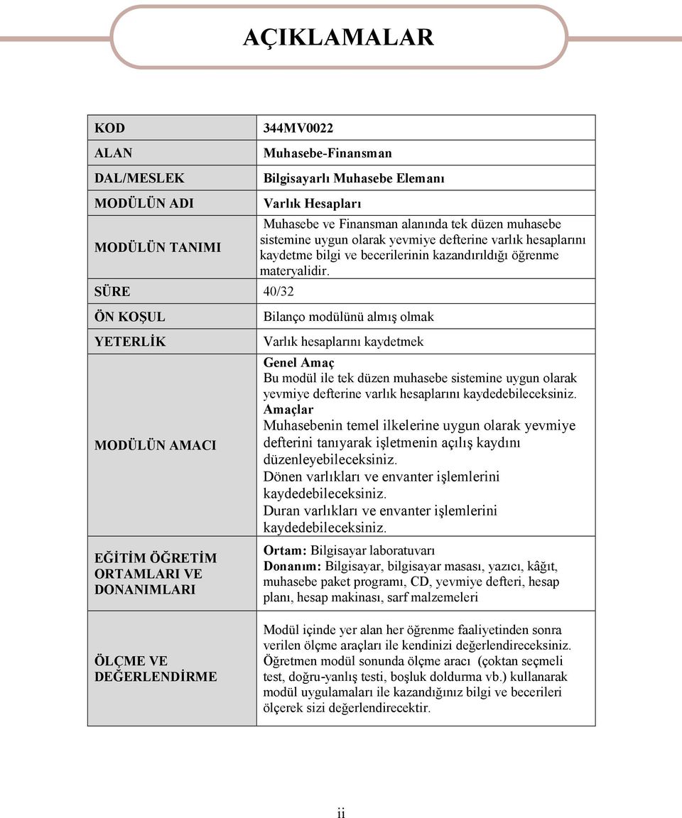 ÖN KOŞUL YETERLİK MODÜLÜN AMACI EĞİTİM ÖĞRETİM ORTAMLARI VE DONANIMLARI ÖLÇME VE DEĞERLENDİRME Bilanço modülünü almış olmak Varlık hesaplarını kaydetmek Genel Amaç Bu modül ile tek düzen muhasebe