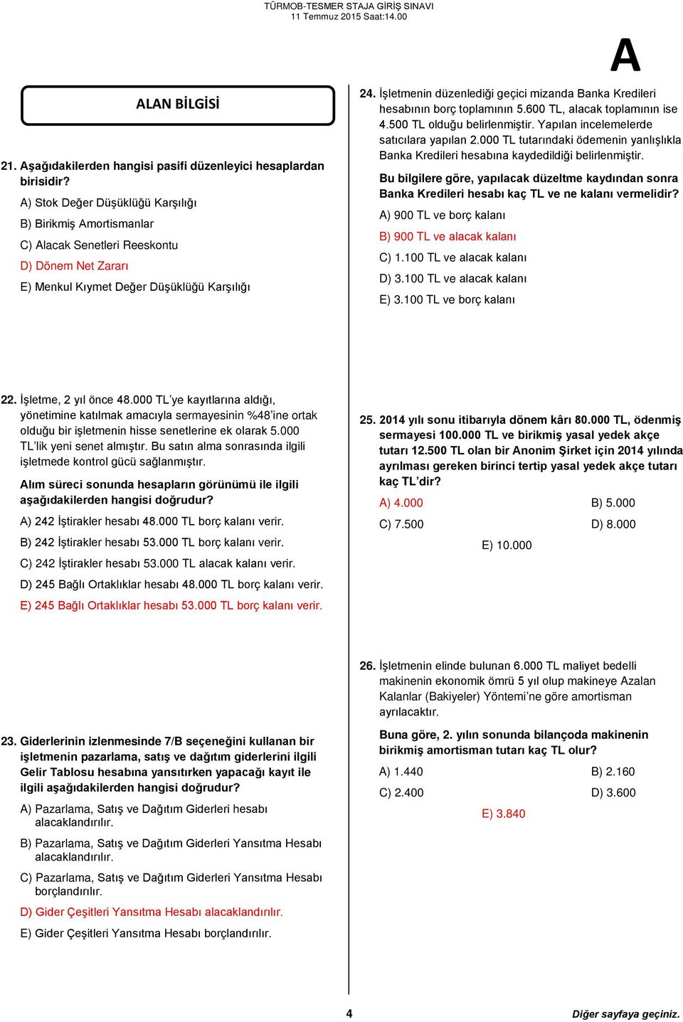 İşletmenin düzenlediği geçici mizanda Banka Kredileri hesabının borç toplamının 5.600 TL, alacak toplamının ise 4.500 TL olduğu belirlenmiştir. Yapılan incelemelerde satıcılara yapılan 2.