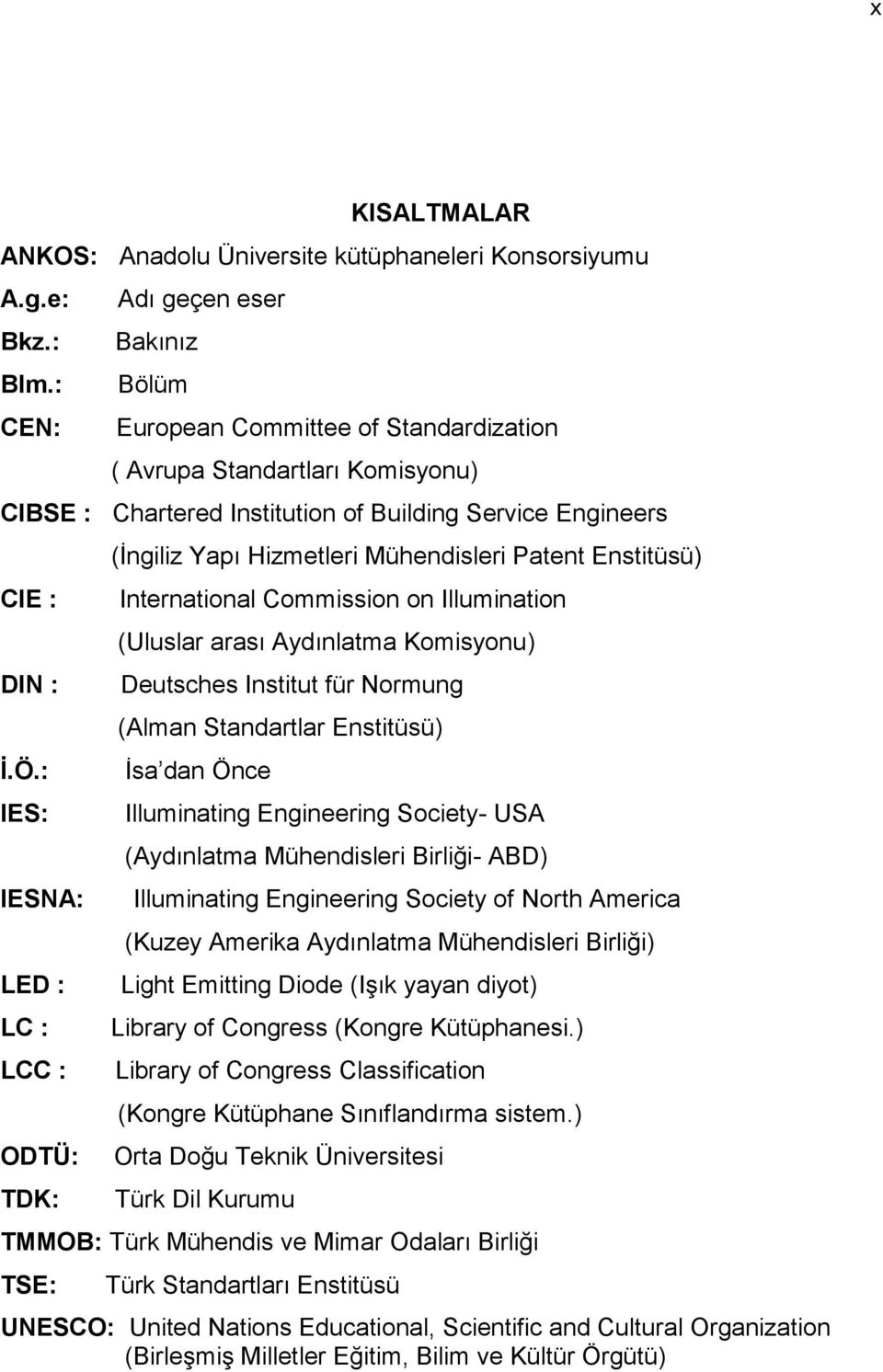 : IES: IESNA: LED : LC : LCC : ODTÜ: TDK: (İngiliz Yapı Hizmetleri Mühendisleri Patent Enstitüsü) International Commission on Illumination (Uluslar arası Aydınlatma Komisyonu) Deutsches Institut für