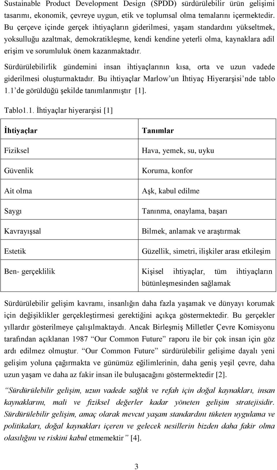 kazanmaktadır. Sürdürülebilirlik gündemini insan ihtiyaçlarının kısa, orta ve uzun vadede giderilmesi oluşturmaktadır. Bu ihtiyaçlar Marlow un İhtiyaç Hiyerarşisi nde tablo 1.