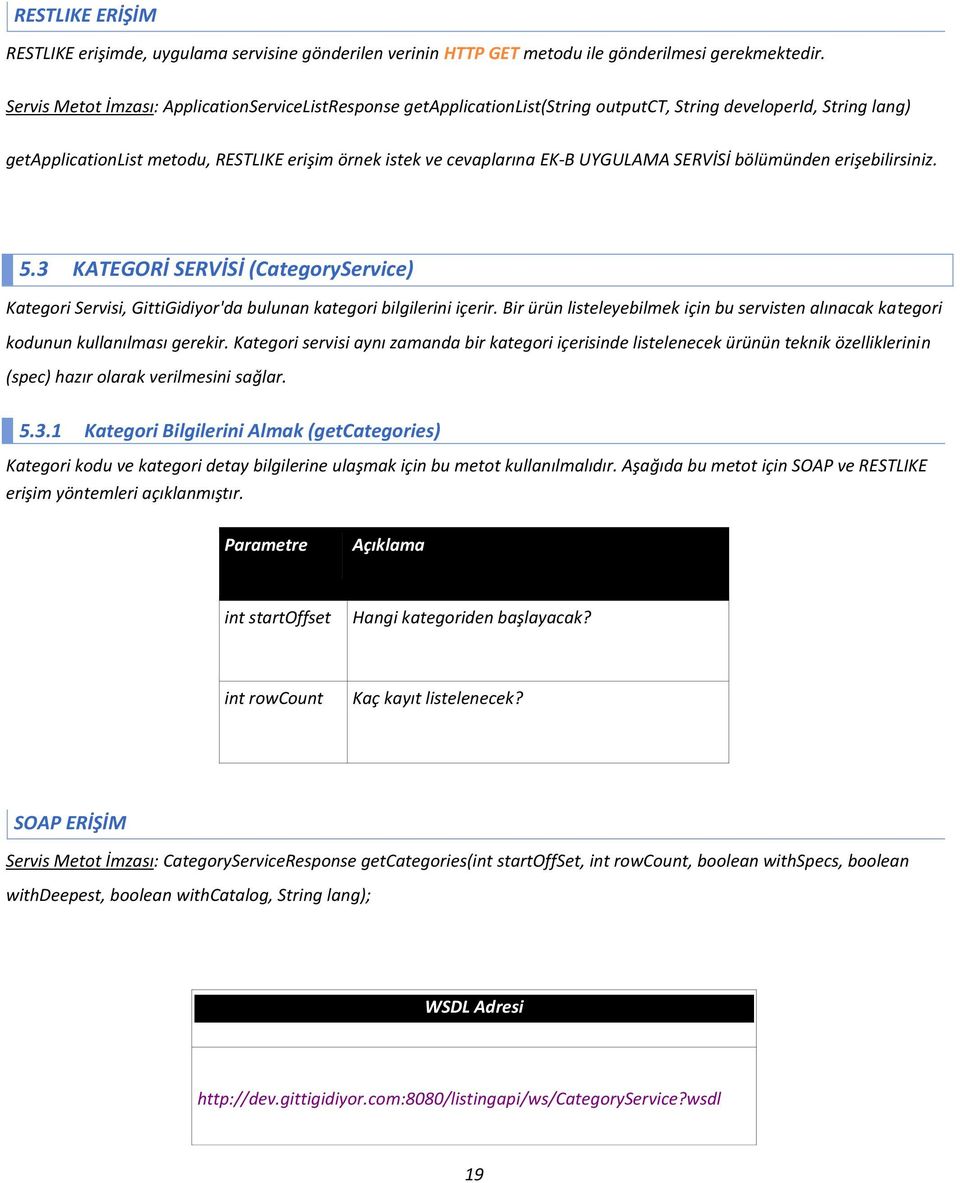 UYGULAMA SERVİSİ bölümünden erişebilirsiniz. 5.3 KATEGORİ SERVİSİ (CategoryService) Kategori Servisi, GittiGidiyor'da bulunan kategori bilgilerini içerir.