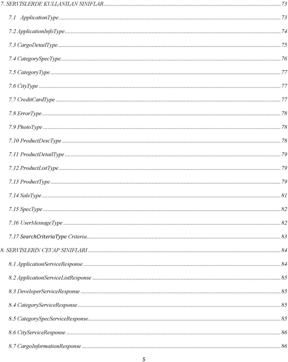 .. 81 7.15 SpecType... 82 7.16 UserMessageType... 82 7.17 SearchCriteriaType Criteria... 83 8. SERVĠSLERĠN CEVAP SINIFLARI... 84 8.1 ApplicationServiceResponse... 84 8.2 ApplicationServiceListResponse.