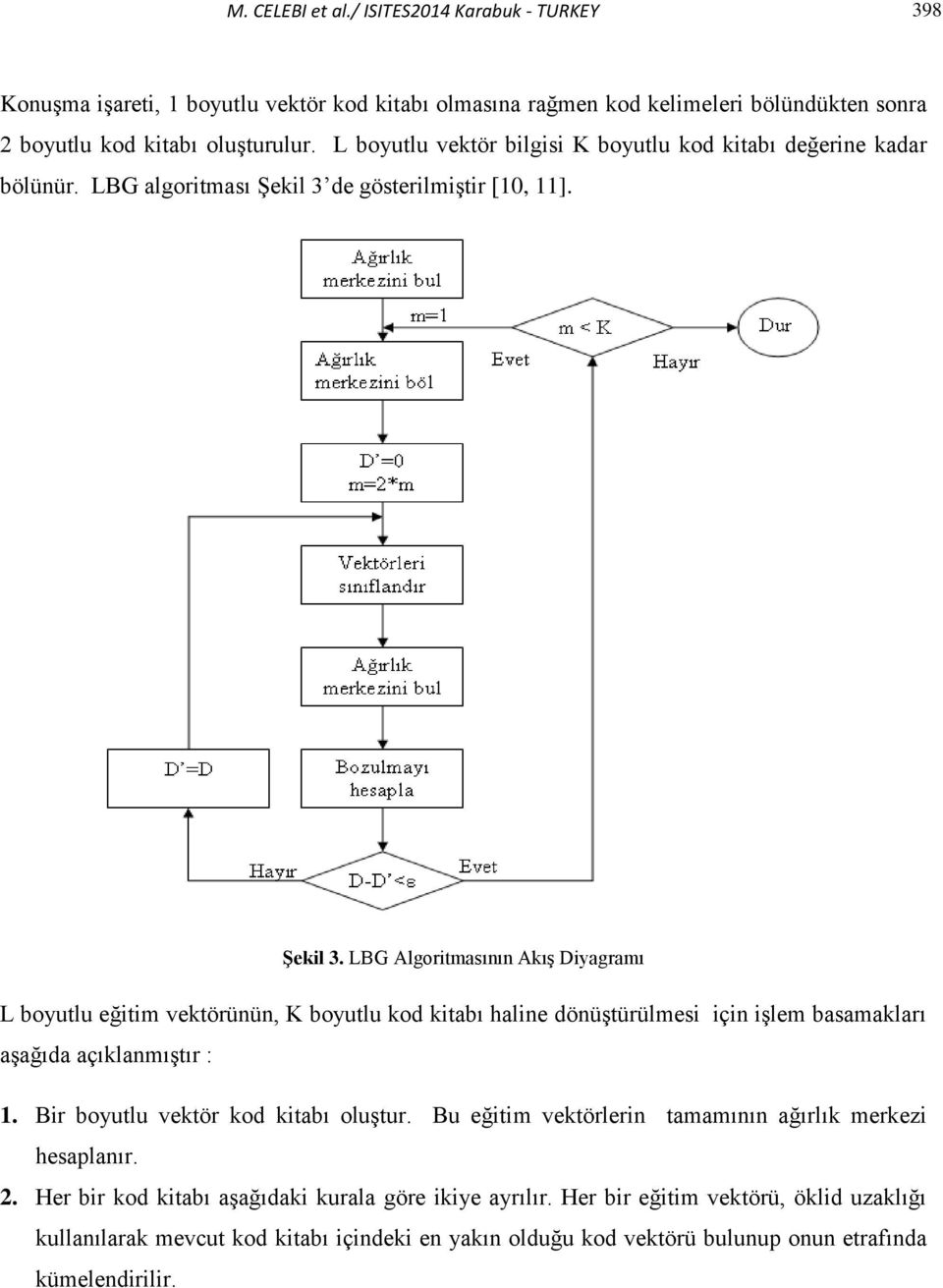 de gösterilmiştir [10, 11]. Şekil 3. LBG Algoritmasının Akış Diyagramı L boyutlu eğitim vektörünün, K boyutlu kod kitabı haline dönüştürülmesi için işlem basamakları aşağıda açıklanmıştır : 1.