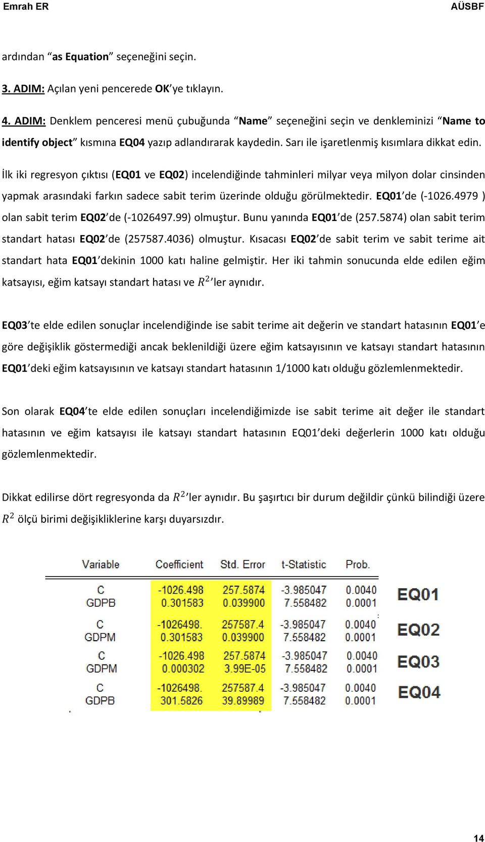 İlk iki regresyon çıktısı (EQ01 ve EQ02) incelendiğinde tahminleri milyar veya milyon dolar cinsinden yapmak arasındaki farkın sadece sabit terim üzerinde olduğu görülmektedir. EQ01 de (-1026.