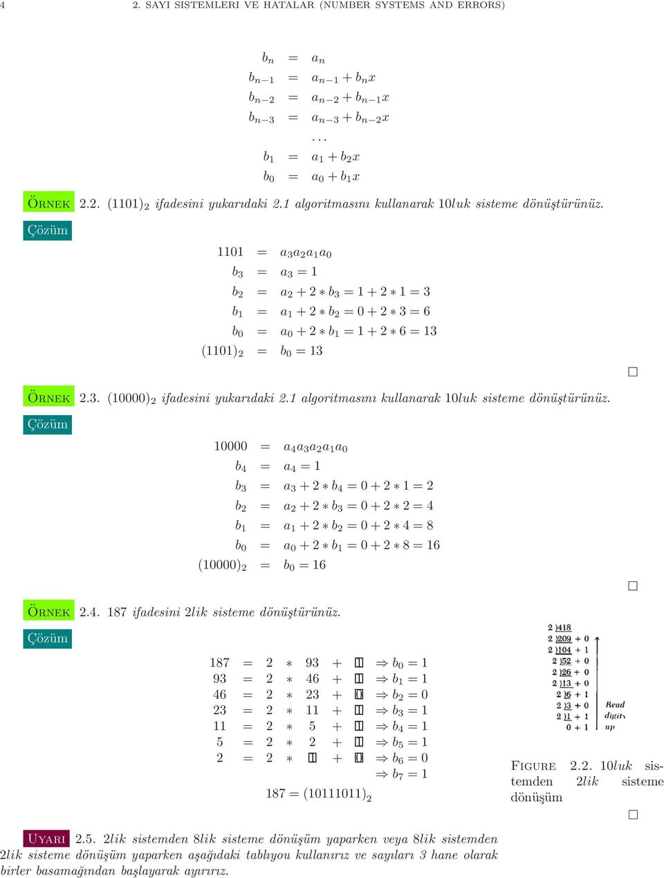 kullanarak 0luk sisteme dönüştürünüz Çözüm 0000 = a 4 a 3 a a a 0 b 4 = a 4 = b 3 = a 3 + b 4 =0+ = b = a + b 3 =0+ =4 b = a + b =0+ 4=8 b 0 = a 0 + b =0+ 8=6 (0000) = b 0 =6 Örnek 4 87 ifadesini lik