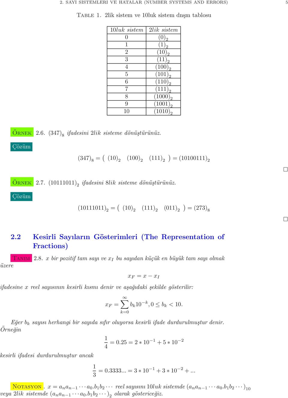 (The Representation of Fractions) Tanım 8 x bir pozitif tam sayı ve x I bu sayıdan küçük en büyük tam sayı olmak üzere x F = x x I ifadesine x reel sayısının kesirli kısmı denir ve aşağıdaki şekilde