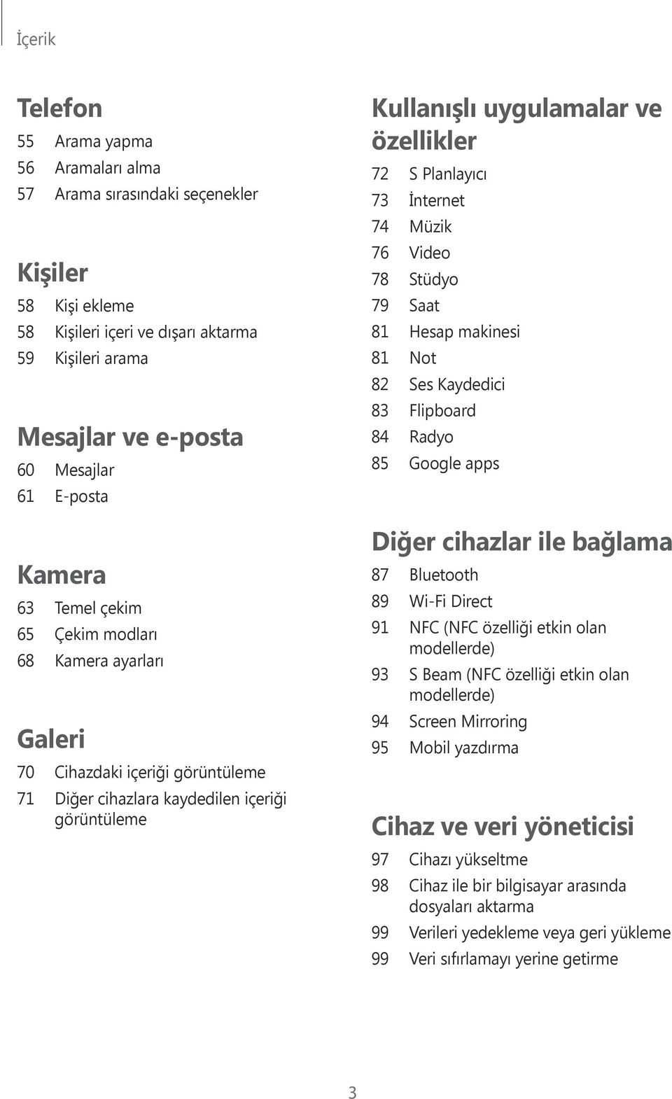 Planlayıcı 73 İnternet 74 Müzik 76 Video 78 Stüdyo 79 Saat 81 Hesap makinesi 81 Not 82 Ses Kaydedici 83 Flipboard 84 Radyo 85 Google apps Diğer cihazlar ile bağlama 87 Bluetooth 89 Wi-Fi Direct 91