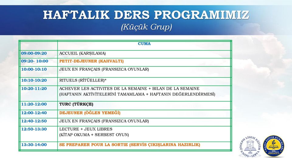 AKTİVİTELERİNİ TAMAMLAMA + HAFTANIN DEĞERLENDİRMESİ) 11:20-12:00 TURC (TÜRKÇE) 12:00-12:40 DEJEUNER (ÖĞLEN YEMEĞİ) 12:40-12:50 JEUX EN