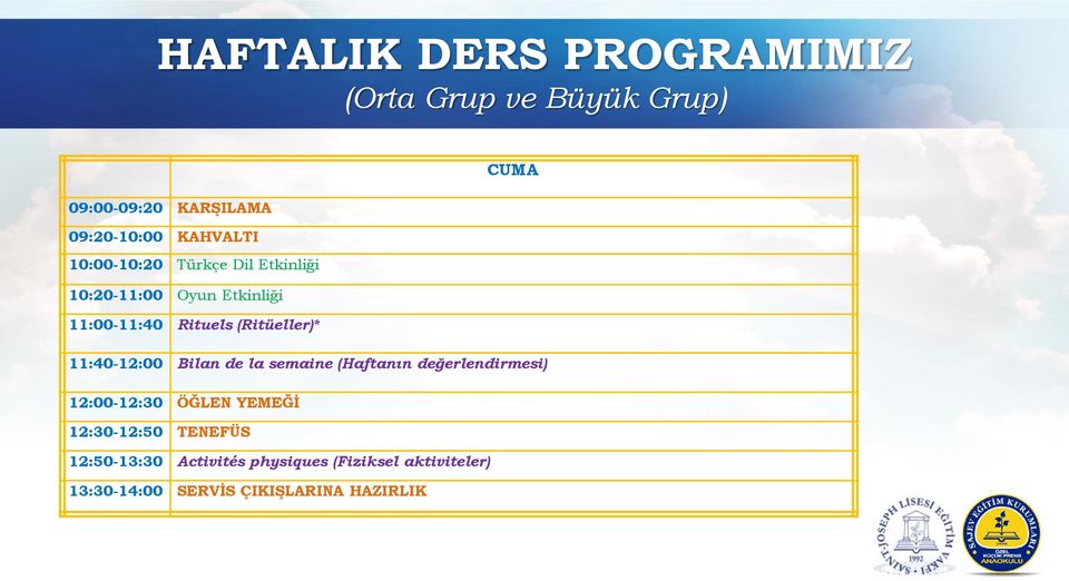 (Ritüeller)* 11:40-12:00 Bilan de la semaine (Haftanın değerlendirmesi) 12:00-12:30 ÖĞLEN YEMEĞİ