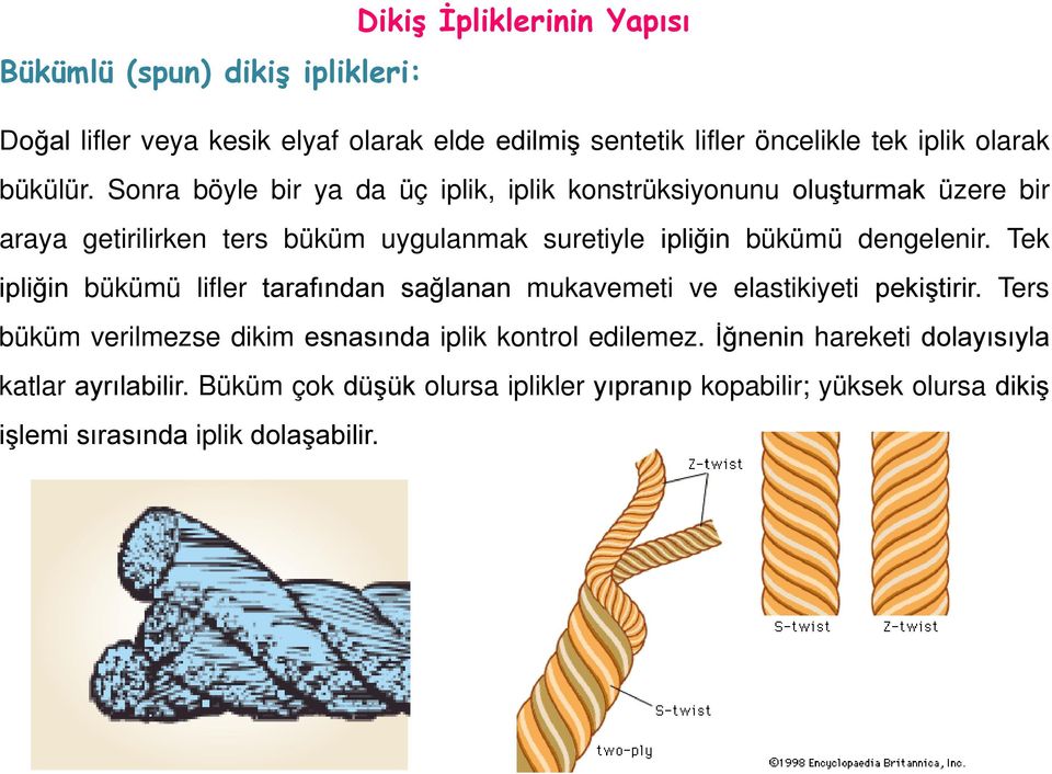 Sonra böyle bir ya da üç iplik, iplik konstrüksiyonunu oluşturmak üzere bir araya getirilirken ters büküm uygulanmak suretiyle ipliğin bükümü dengelenir.