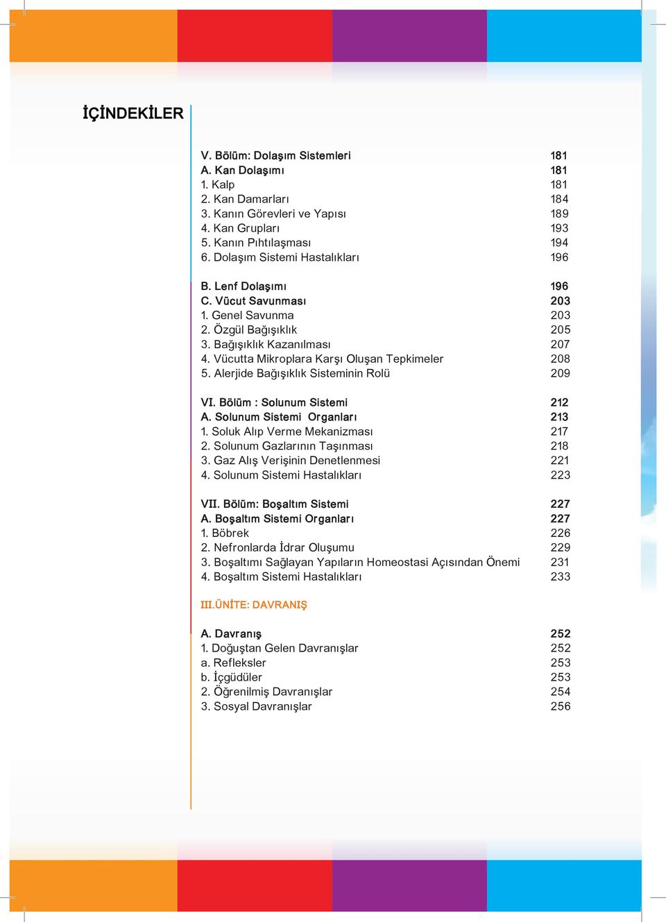 Vücutta Mikroplara Karşı Oluşan Tepkimeler 208 5. Alerjide Bağışıklık Sisteminin Rolü 209 VI. Bölüm : Solunum Sistemi 212 A. Solunum Sistemi Organları 213 1. Soluk Alıp Verme Mekanizması 217 2.